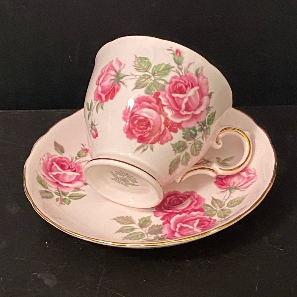 Vintage TUSCAN PINK TEA CUP SAUCER w/ PINK ROSES English Fine Bone China 185H